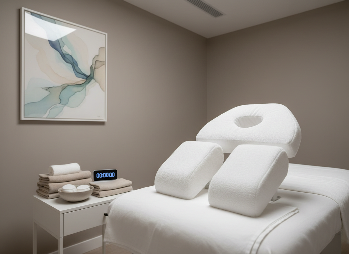 A meticulously organized treatment room detail emphasizing comfort during a lymphatic drainage session: a massage table with an ergonomically shaped face cradle, padded with a thick, white cushion and covered in pristine cotton. Beside it, a small white side table holds a digital timer, folded neutral-toned blankets, and a ceramic bowl with cotton pads. The walls are a soft, warm gray, with a single abstract, text-free framed artwork bringing subtle elegance. Diffused ceiling lighting creates an even, shadow-softening illumination. Photographed at a three-quarter angle with a shallow depth of field, the focus rests on the face cradle and side table while the background gently blurs. The atmosphere is serene, discreet, and clinically precise, underscoring client comfort and the professional nature of the lymphatic drainage Renata França method without depicting any people.