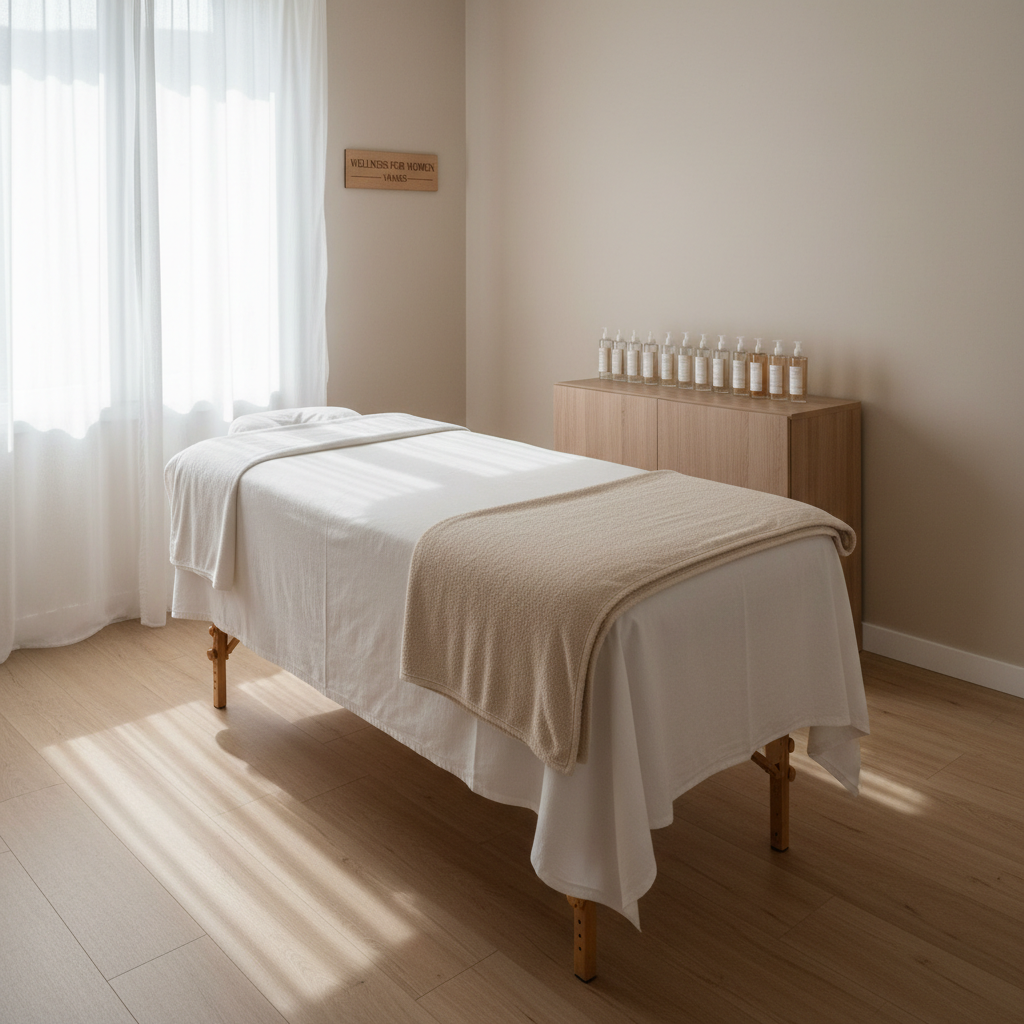 A neatly made massage table prepared for lymphatic drainage, covered in a crisp white cotton sheet and a soft ecru blanket, positioned in the center of a serene treatment room. Around it, pale beige walls, light wooden flooring, and a simple cabinet with neatly arranged glass bottles of neutral, unbranded massage oil create a calm environment. Soft natural daylight filters through sheer white curtains, casting gentle, diffuse shadows. Photographic realism with a clean, modern aesthetic, shot at eye level with a slightly wide angle, keeping the entire room in sharp focus. The mood is professional, reassuring, and soothing, emphasizing client comfort and therapeutic care in a dedicated women-only wellness space in Vannes without showing any people.