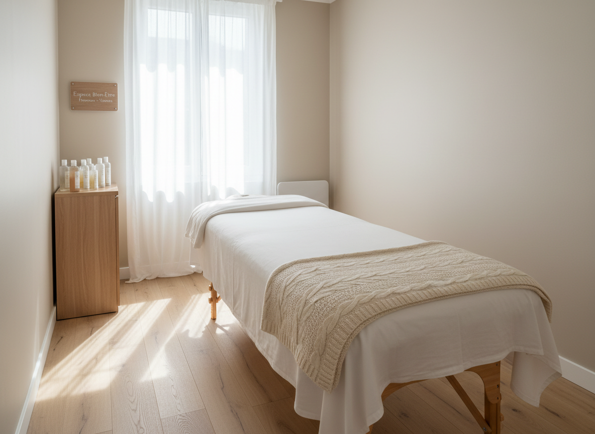A neatly made massage table prepared for lymphatic drainage, covered in a crisp white cotton sheet and a soft ecru blanket, positioned in the center of a serene treatment room. Around it, pale beige walls, light wooden flooring, and a simple cabinet with neatly arranged glass bottles of neutral, unbranded massage oil create a calm environment. Soft natural daylight filters through sheer white curtains, casting gentle, diffuse shadows. Photographic realism with a clean, modern aesthetic, shot at eye level with a slightly wide angle, keeping the entire room in sharp focus. The mood is professional, reassuring, and soothing, emphasizing client comfort and therapeutic care in a dedicated women-only wellness space in Vannes without showing any people.