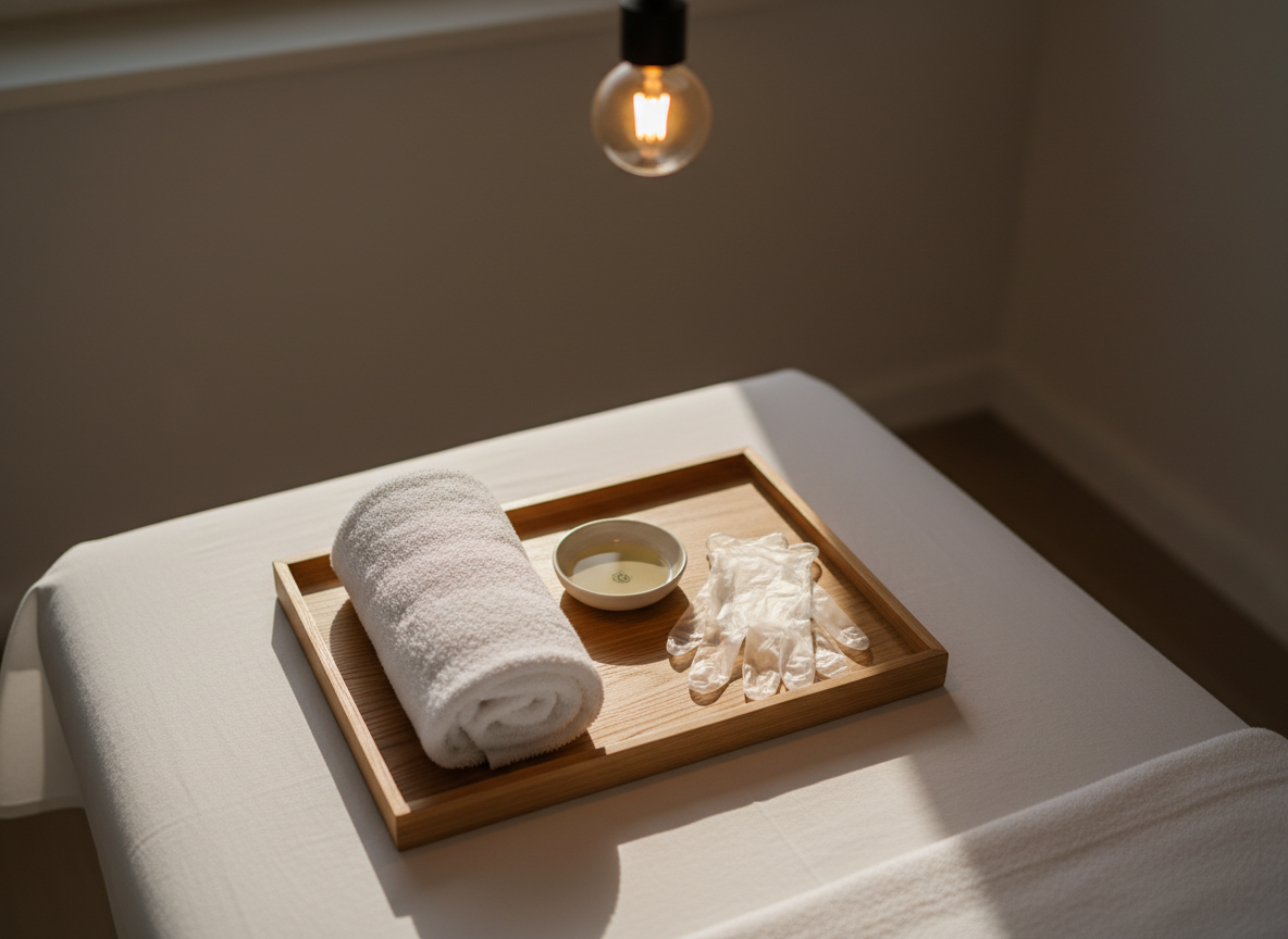 A close-up, overhead photographic view of a therapist’s workspace prepared for a lymphatic drainage session: a folded, plush white towel, a small ceramic dish with a modest amount of clear oil, and a pair of neatly arranged, non-latex gloves resting on a light oak tray. The tray sits on the corner of a massage table dressed in fresh white linens. Soft, warm pendant lighting from above creates gentle highlights and subtle, elongated shadows, enhancing textures of fabric and wood. The background is softly blurred, hinting at a discreet, minimalist treatment room. The mood is calm, clinical yet inviting, conveying precision, hygiene, and professional care focused solely on lymphatic drainage, without any human presence.