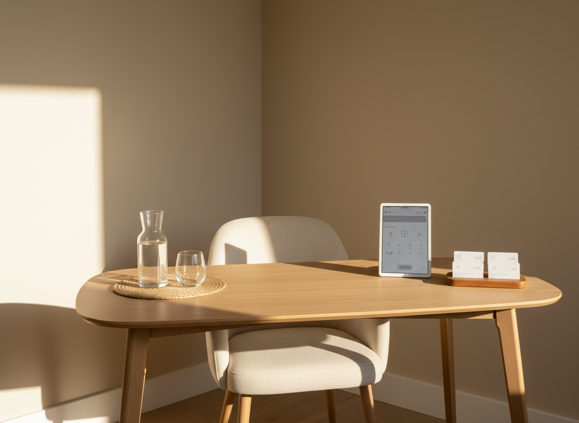 A spacious, elegant consultation corner for a lymphatic drainage studio in Vannes, captured in photographic realism. A light wood desk with smooth, rounded edges stands against a soft sand-colored wall, with a comfortable, upholstered chair tucked beneath. On the desk, a sleek tablet displaying a minimalist booking interface (no readable text), a small card tray suggesting payment options, and a simple glass carafe of water with a tumbler convey organization and care. Natural afternoon light washes in from an unseen window, creating a warm, even glow and delicate shadows. Shot from a slightly elevated angle, the composition follows the rule of thirds, with sharp focus on the desk. The mood is reassuringly professional and discreet, emphasizing easy booking and payment for therapeutic sessions without showing any people.