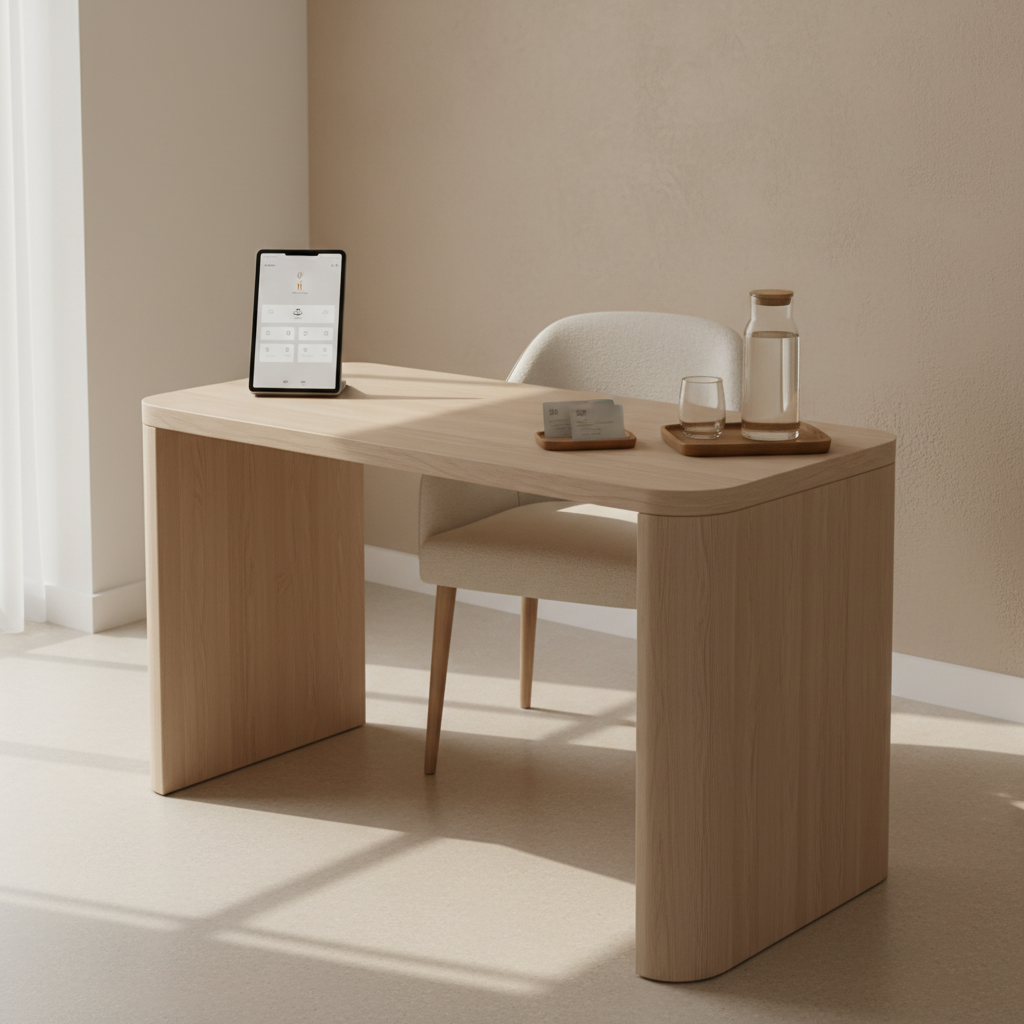 A spacious, elegant consultation corner for a lymphatic drainage studio in Vannes, captured in photographic realism. A light wood desk with smooth, rounded edges stands against a soft sand-colored wall, with a comfortable, upholstered chair tucked beneath. On the desk, a sleek tablet displaying a minimalist booking interface (no readable text), a small card tray suggesting payment options, and a simple glass carafe of water with a tumbler convey organization and care. Natural afternoon light washes in from an unseen window, creating a warm, even glow and delicate shadows. Shot from a slightly elevated angle, the composition follows the rule of thirds, with sharp focus on the desk. The mood is reassuringly professional and discreet, emphasizing easy booking and payment for therapeutic sessions without showing any people.