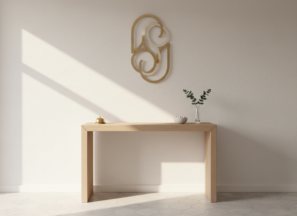 A refined entrance vignette of a women-only lymphatic drainage studio in Vannes, rendered in photographic realism. A minimal reception console in light ash wood stands against a white wall, topped with a small, non-branded brass desk bell, a ceramic bowl containing smooth white pebbles, and a slender glass vase with a single green eucalyptus stem. On the wall, an abstract geometric sign shape hints at a logo, without any text. Late afternoon light streams in from the side, creating soft, diagonal highlights and shadows on the wall and floor tiles. Captured at eye level with balanced composition and moderate depth of field, the scene feels discreet, welcoming, and highly professional, subtly conveying exclusivity and care while avoiding any human figures or readable information.