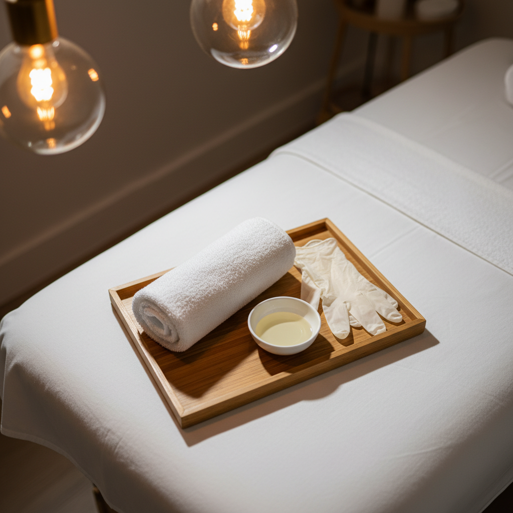 A close-up, overhead photographic view of a therapist’s workspace prepared for a lymphatic drainage session: a folded, plush white towel, a small ceramic dish with a modest amount of clear oil, and a pair of neatly arranged, non-latex gloves resting on a light oak tray. The tray sits on the corner of a massage table dressed in fresh white linens. Soft, warm pendant lighting from above creates gentle highlights and subtle, elongated shadows, enhancing textures of fabric and wood. The background is softly blurred, hinting at a discreet, minimalist treatment room. The mood is calm, clinical yet inviting, conveying precision, hygiene, and professional care focused solely on lymphatic drainage, without any human presence.