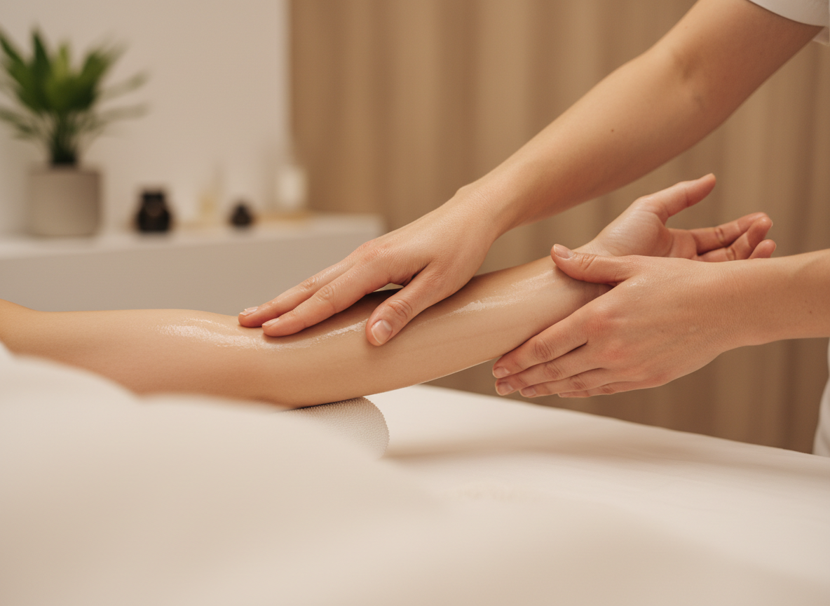 Mains de masseuse effectuant un drainage lymphatique sur un bras