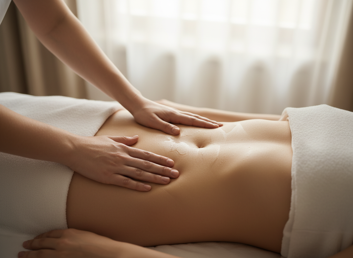 Vue aérienne des mains effectuant un drainage lymphatique sur l'abdomen
