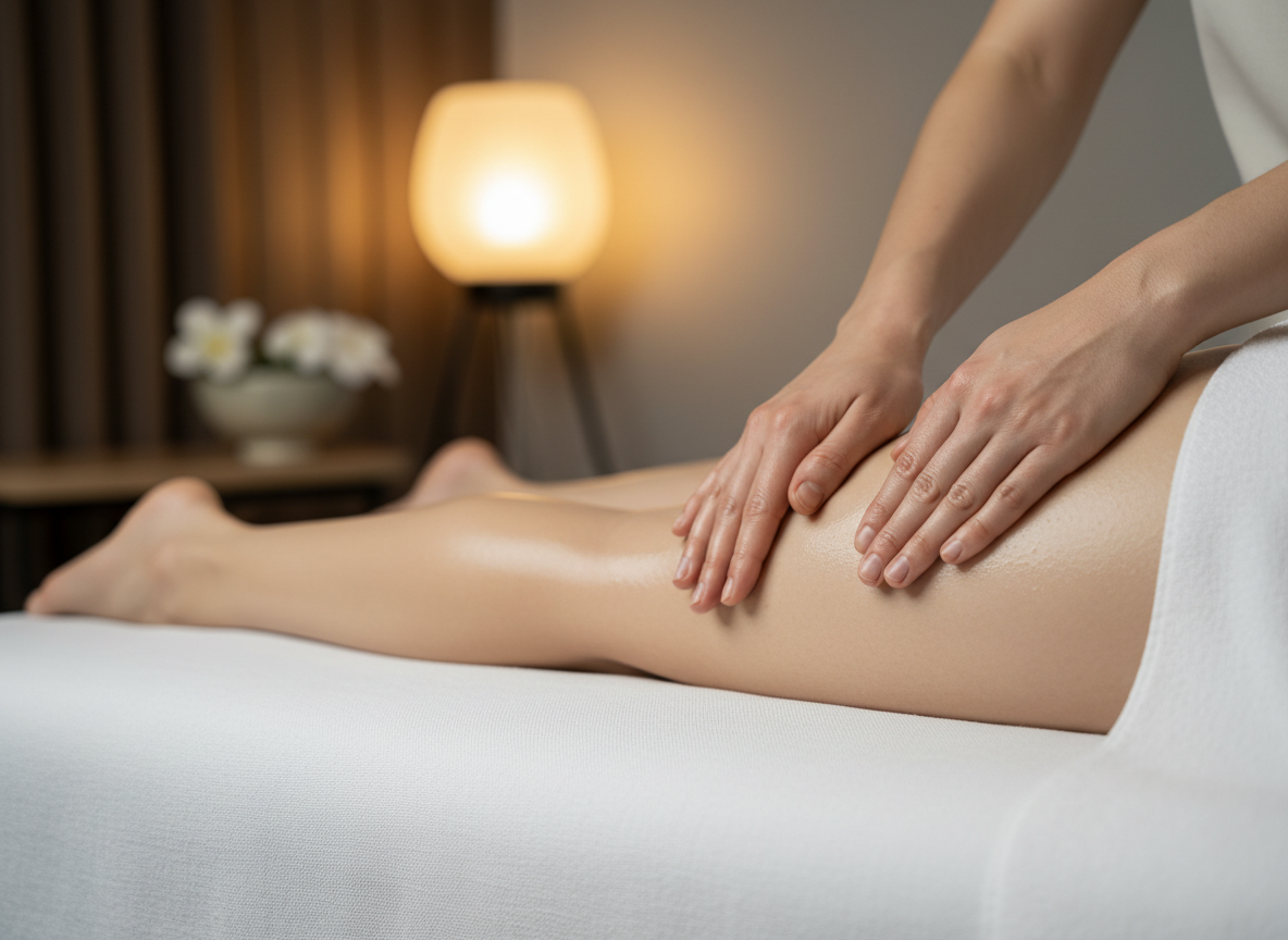 Mains de masseuse effectuant un drainage lymphatique sur la cuisse